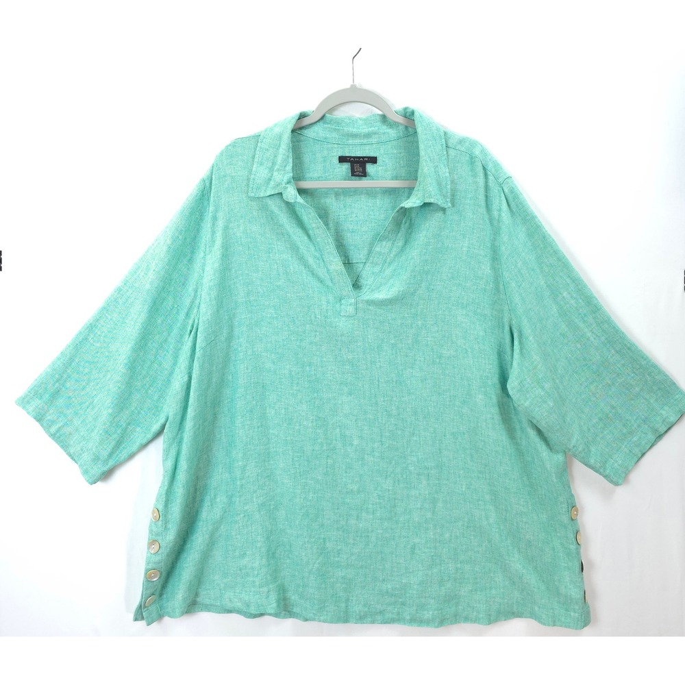 Tahari Tunic Top Women 2X Linen Blend Button Side Seafoam Green Coastal Chic